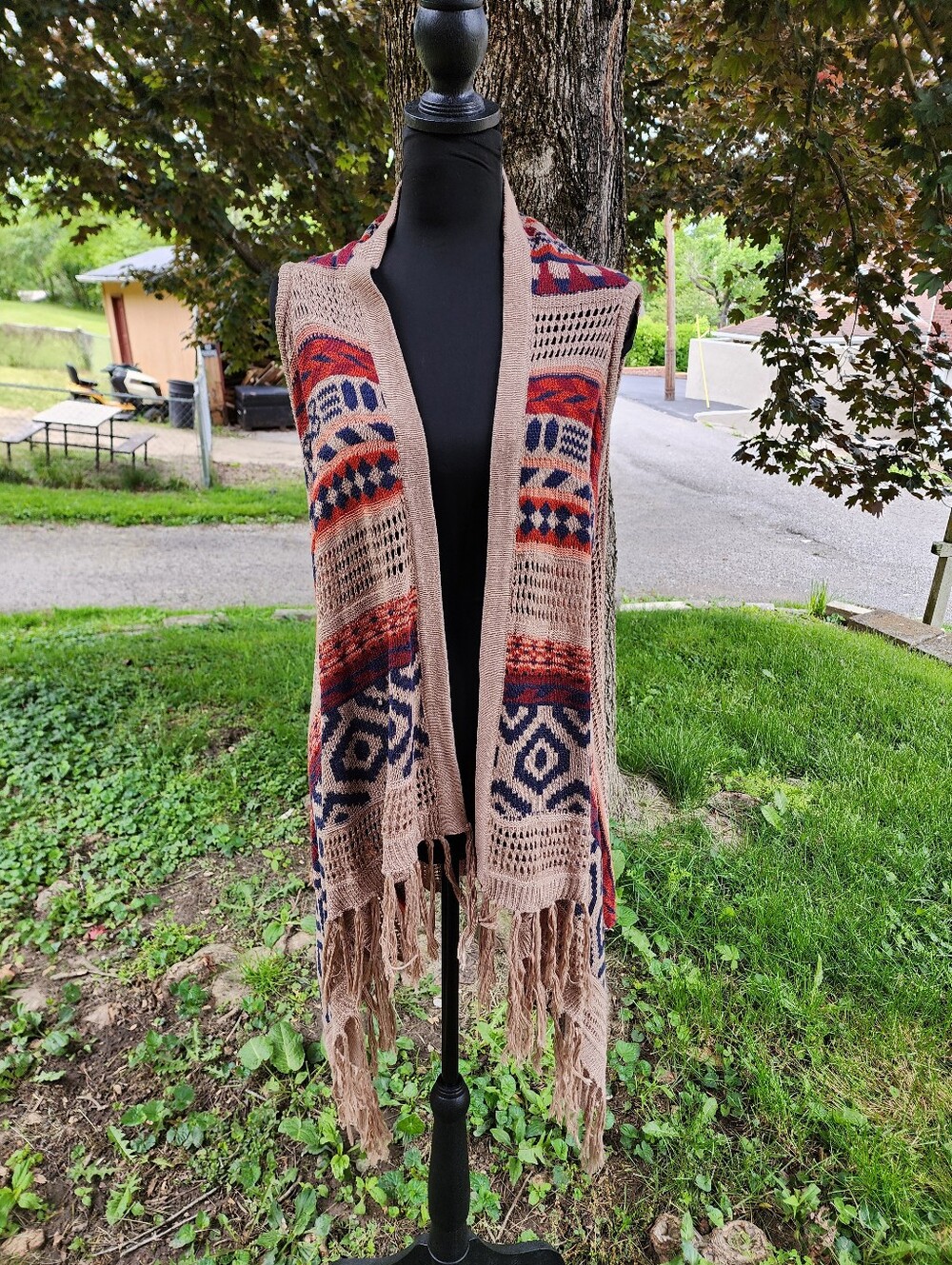 Boho Aztec Fringe Cardigan Vest Southwestern Tribal Open Front Festival Duster